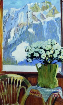 Boris Mikhailovich Kustodiev Werke - Blumen auf dem Balkon 1912 Boris Michailowitsch Kustodiew